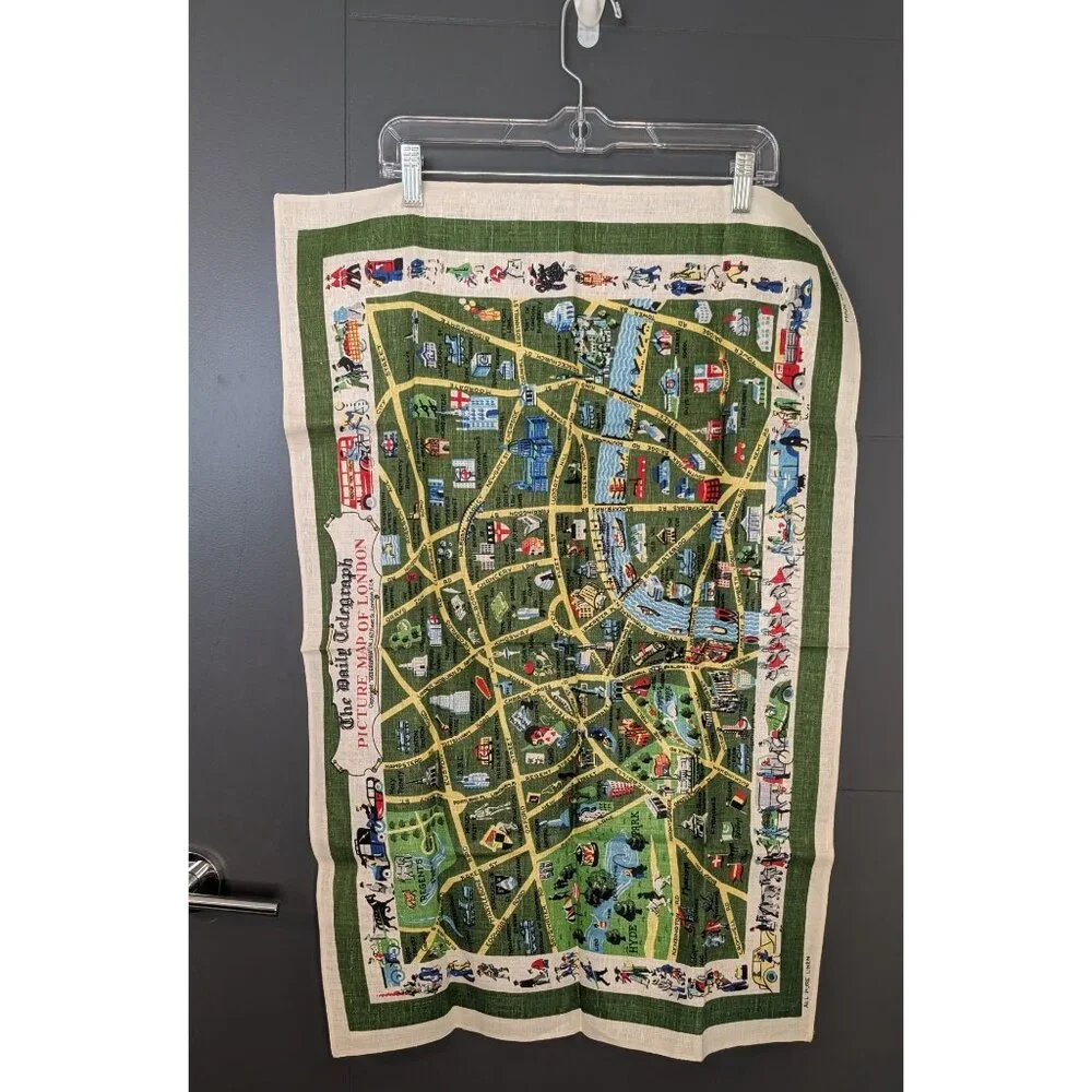 Vintage Mid Century Irish Linen Souvenir Tea Towel - Picture Map of London‎